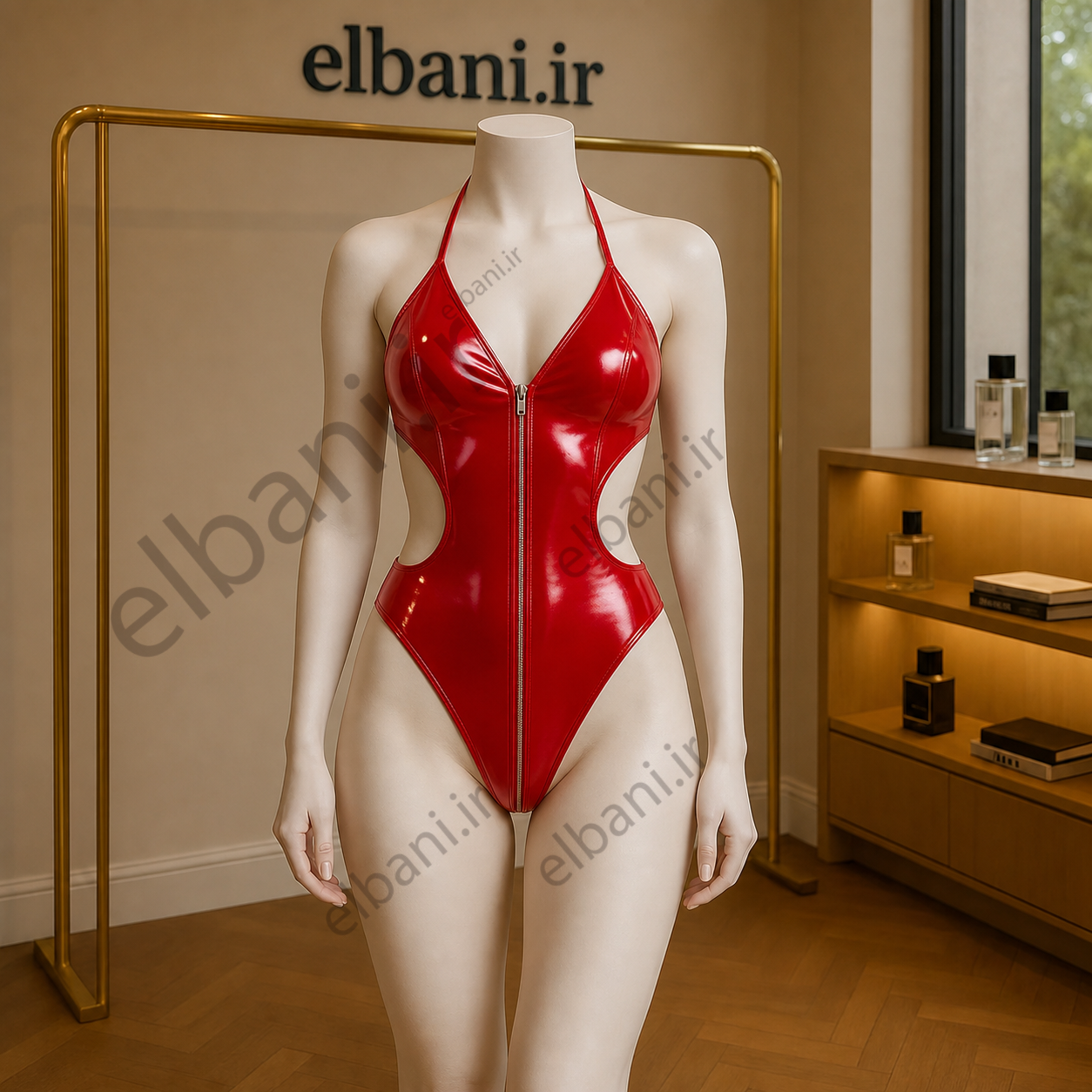بادی (لباس خواب) فانتزی زیپدار طرح چرم هارنی کد 9046 قرمز