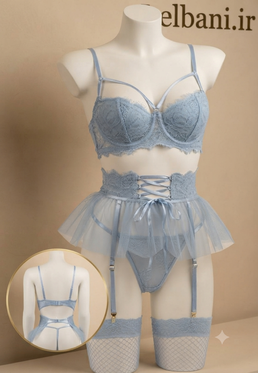 ست فانتزی (لباس خواب کاستوم) کد 8066 فنردار و جورابدار آبی