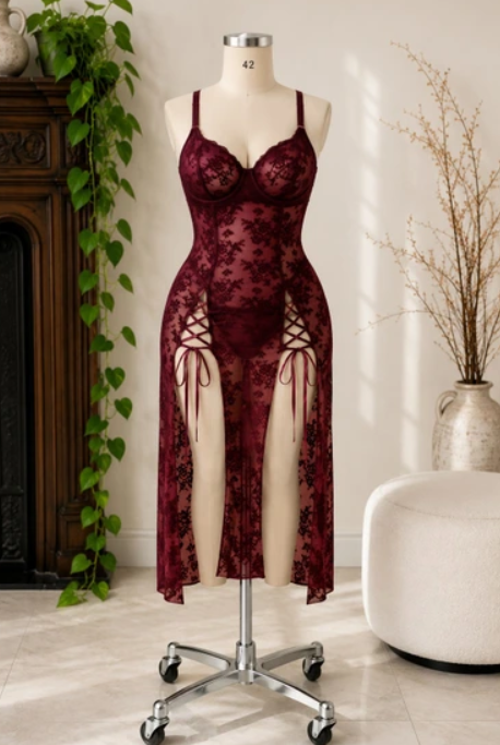 Sleepwearلباس خواب بلند زنانه گیپور فنردار قرمز کد 6161