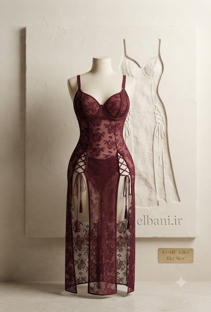 Sleepwearلباس خواب بلند زنانه گیپور فنردار قرمز کد 6161