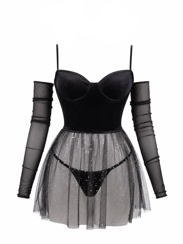 Sleepwearلباس خواب مخمل و تور به همراه ساق دست1587/ ال بانی / elbani